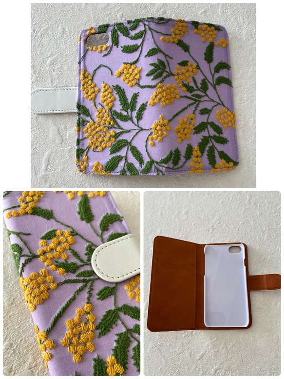 手帳型　刺繍のミモザ咲き誇るiPhoneケース 5枚目の画像