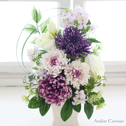 輪菊の仏花＜エテルネル 白紫＞ Mサイズ お供え花 プリザーブドフラワー 白花器 #2 4枚目の画像