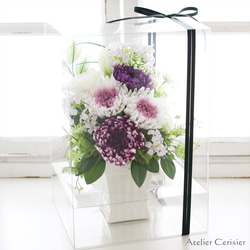 輪菊の仏花＜エテルネル 白紫＞ Mサイズ お供え花 プリザーブドフラワー 白花器 5枚目の画像