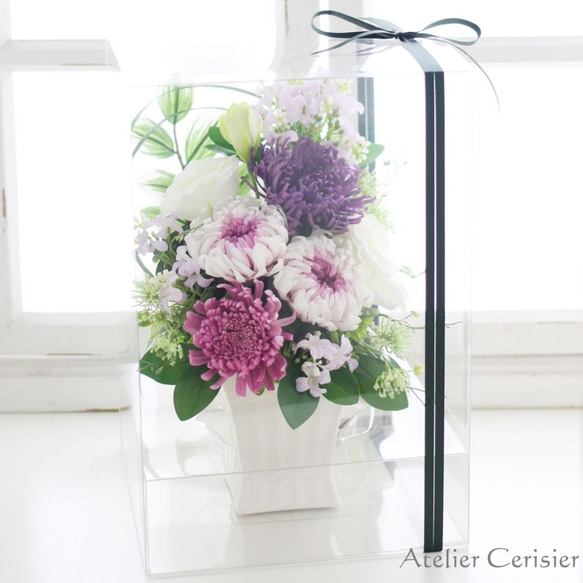 輪菊の仏花＜エテルネル 白紫＞ Mサイズ お供え花 プリザーブドフラワー 白花器 #2 5枚目の画像