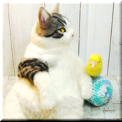 羊毛フェルト　猫　キジシロ猫さんとセキセイインコさん　キジ白　ねこ　ネコ　猫フィギュア　 13枚目の画像