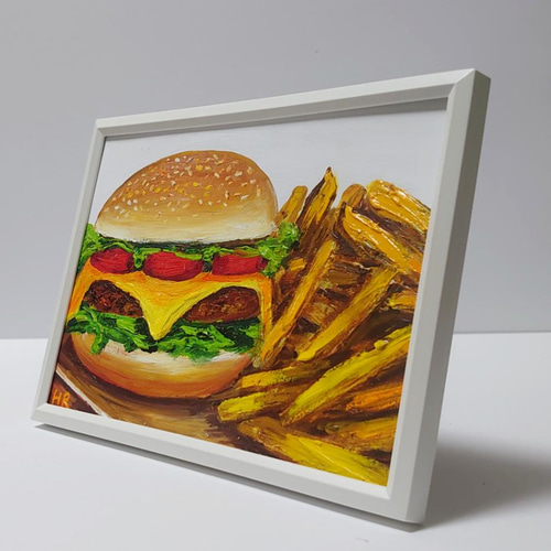 油絵 ミニ絵画 【ハンバーガーセット】 絵画 HR 通販 13174732