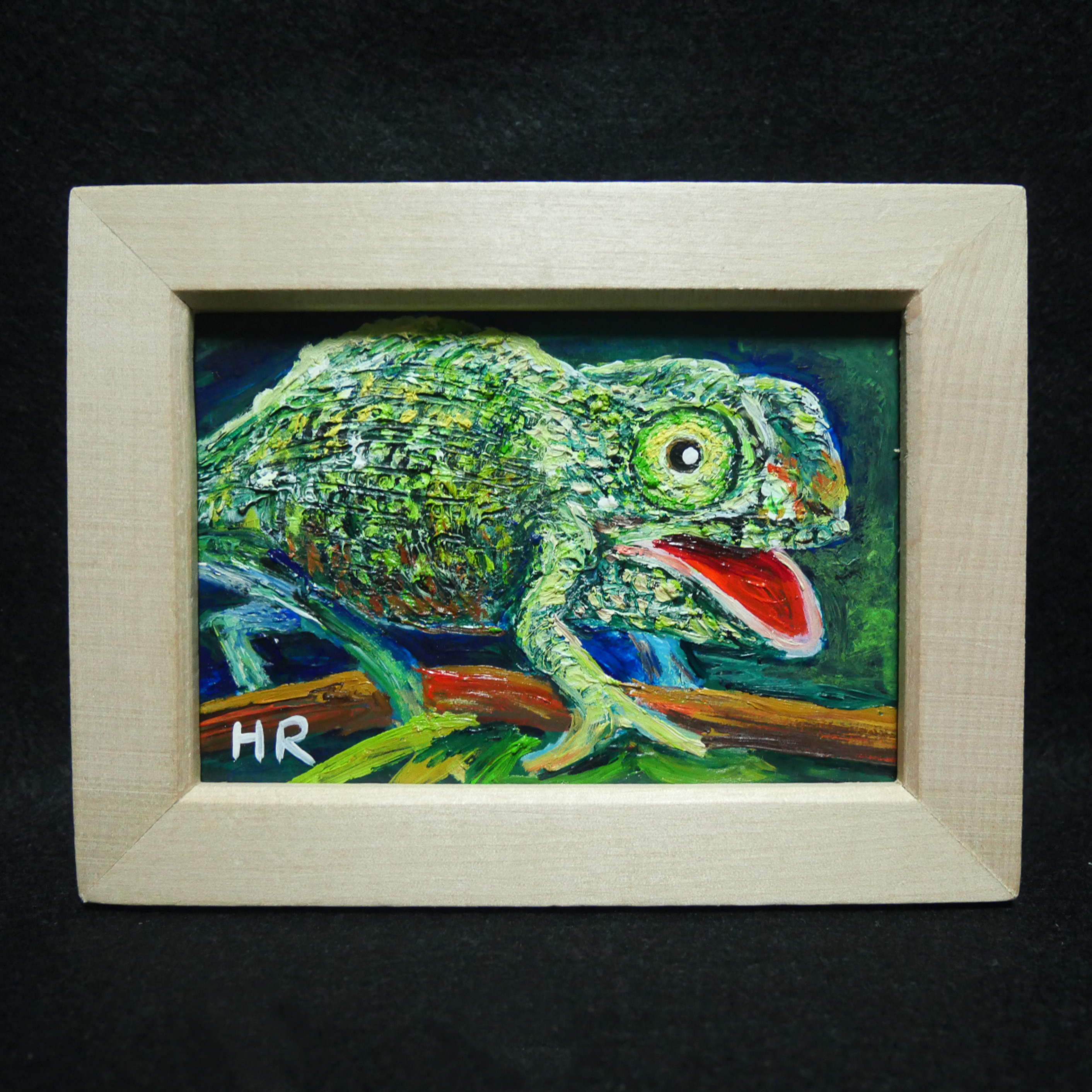 絵画　油絵　原画　動物　カメレオン　グリーン　アート　インテリア　F4