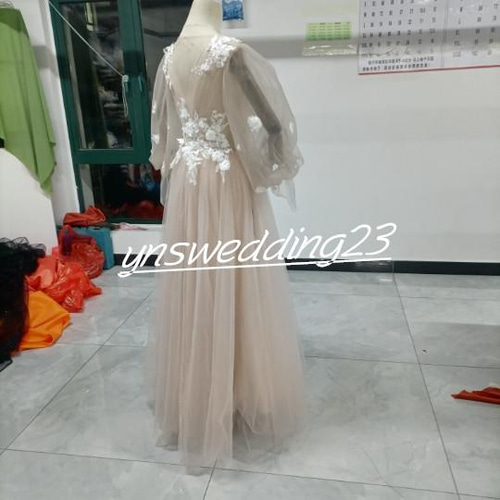 カラードレス アンズの色 前撮り シースルー袖 小花レース 花嫁 ドレス  