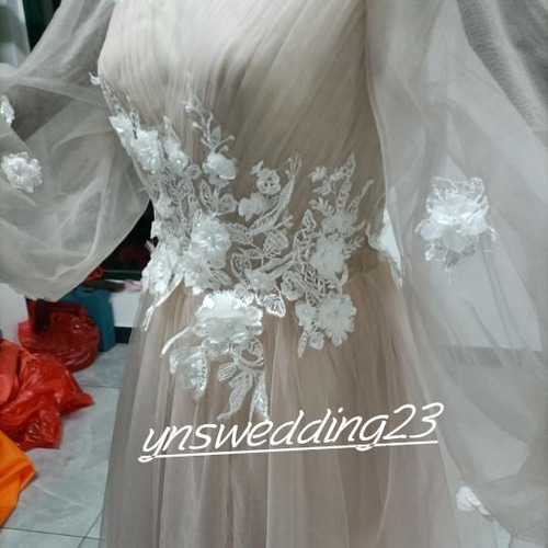 カラードレス アンズの色 前撮り シースルー袖 小花レース 花嫁 ドレス  