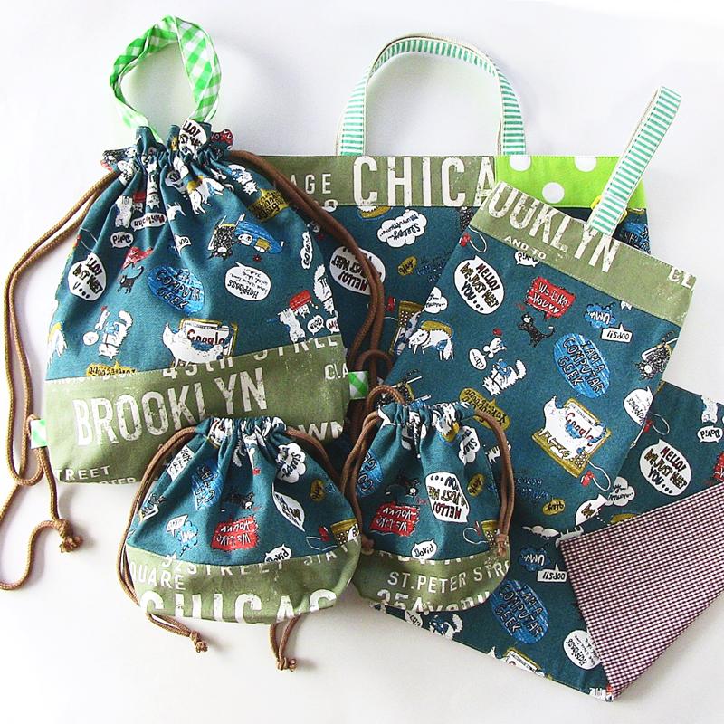 入園入学　６点セット　コミックネコ　レッスンバッグ　上履き入れ　お着替え袋　お弁当袋　セット　コップ入れ