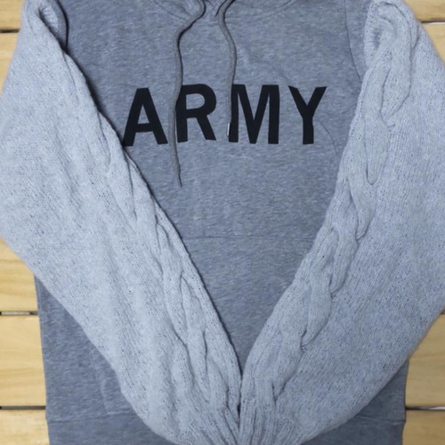 ARMYリメイクパーカー アラン模様の手編みスリーブ スウェット  