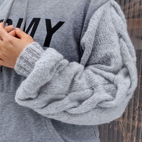 ARMYリメイクパーカー アラン模様の手編みスリーブ スウェット  