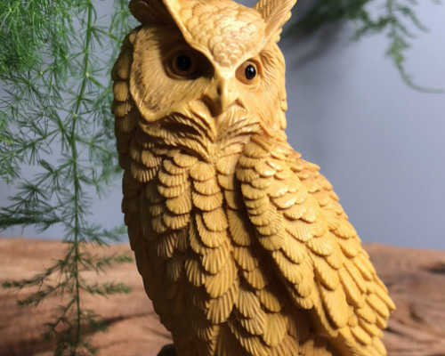 ハンドメイド　木彫り置物「ふくろう」 木彫 木乗りフクロウ カラー S 梟 ふくろう フクロウ 22.5cm