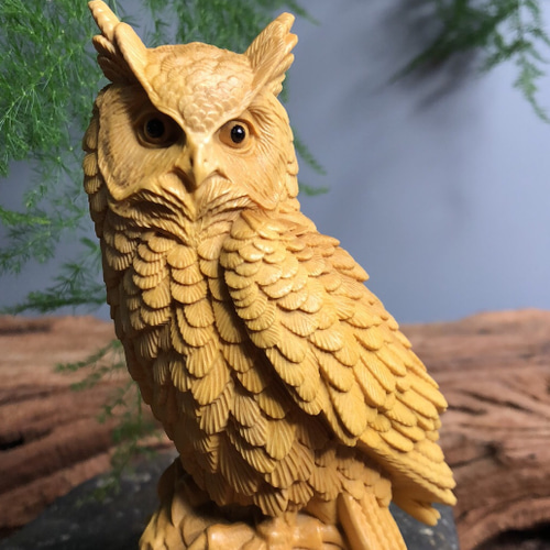 フクロウ 置物  木工 削り出し ハンドメイド 木彫り ふくろう 置物 彫刻 杏子の手作り---工房 通販 13176713