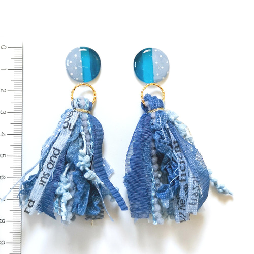 再販33 フリンジ カラフル ピアス 青 イヤリング タッセル