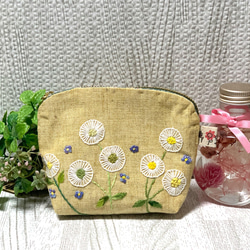 ふわふわミモザ刺繍のボックスポーチ▽リネン ポーチ Szal 通販