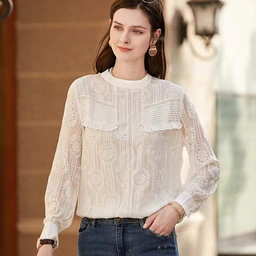 ジョーゼットシルク100%】透け感刺繍生地 フェミニンブラウス【秋春夏