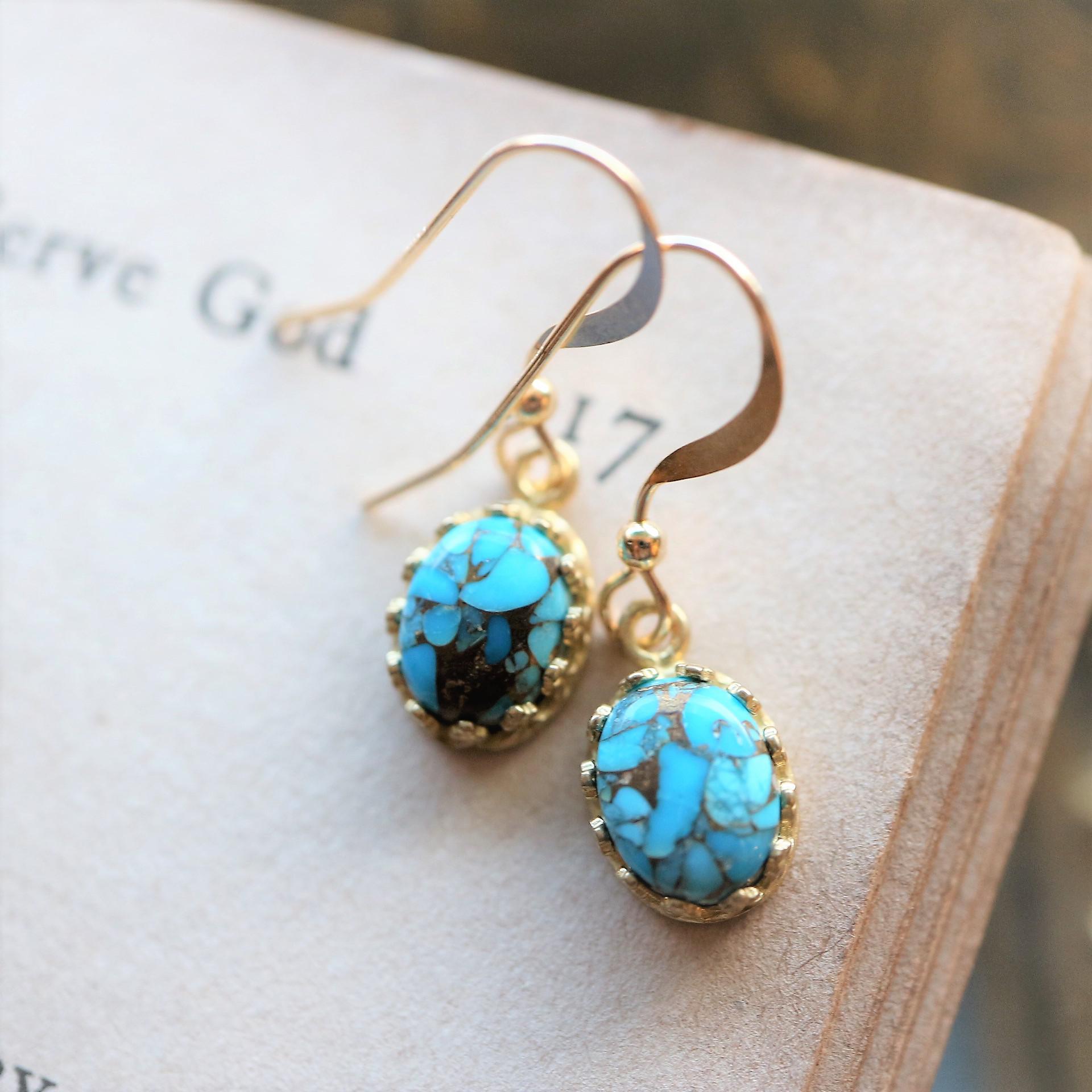 再販！14kgf！天然石＊ 真鍮枠の王冠チャームコッパーターコイズのピアス×イヤリング