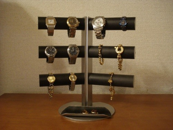 腕時計スタンド　ウオッチスタンド　腕時計スタンド 手作り　ブラック12本掛け角度付きロングトレイスタンド　受注製作 2枚目の画像