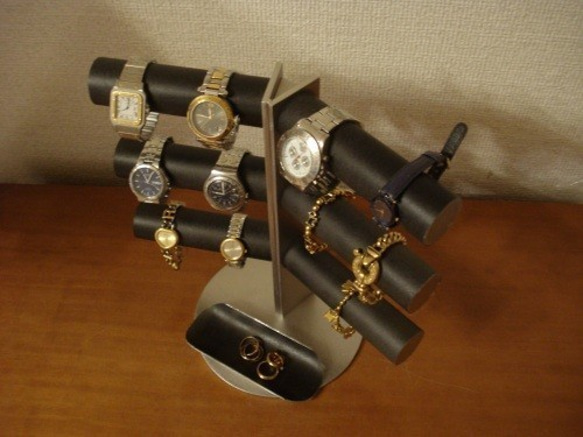 腕時計スタンド　ウオッチスタンド　腕時計スタンド 手作り　ブラック12本掛け角度付きロングトレイスタンド　受注製作 3枚目の画像