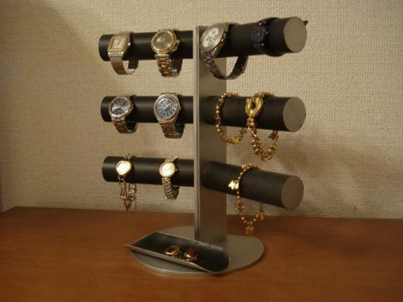 腕時計スタンド　ウオッチスタンド　腕時計スタンド 手作り　ブラック12本掛け角度付きロングトレイスタンド　受注製作 1枚目の画像