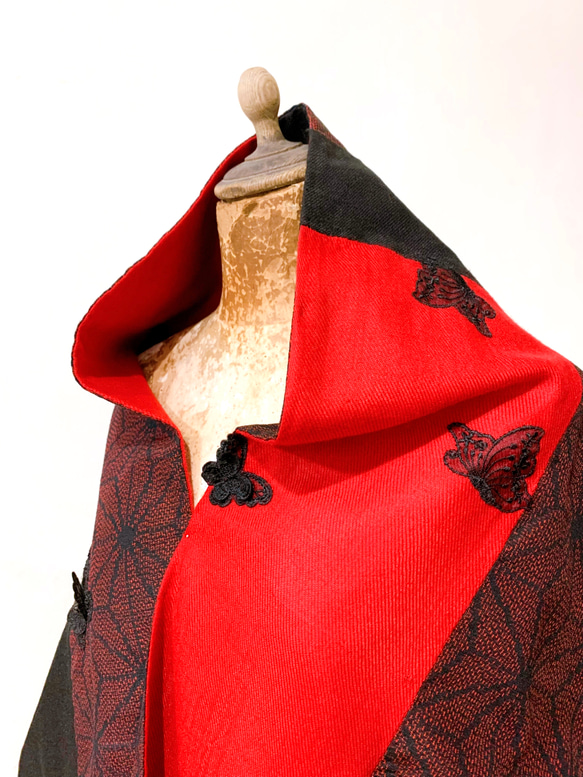 スカーフNo.300*詠蝶*設計師手作日本古董布紅黑撞色麻葉紋蕾絲蝴蝶圍巾 披肩 第2張的照片
