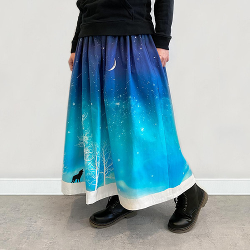 冬の星空・オオカミ ギャザースカート（やや厚手綿100％） ロング