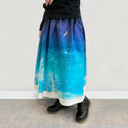 冬の星空・猫 ギャザースカート（やや厚手綿100％） 8枚目の画像