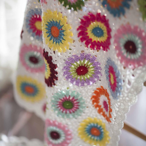 モチーフ編みブランケット ひざ掛け ハンドメイド ハンドメイド 手編み かぎ針編み お花モチーフ ブランケット