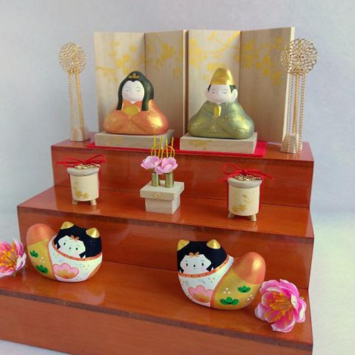 お雛様】 金のおひなさま 親王飾りセット と おとぎ犬・雛道具（雛壇