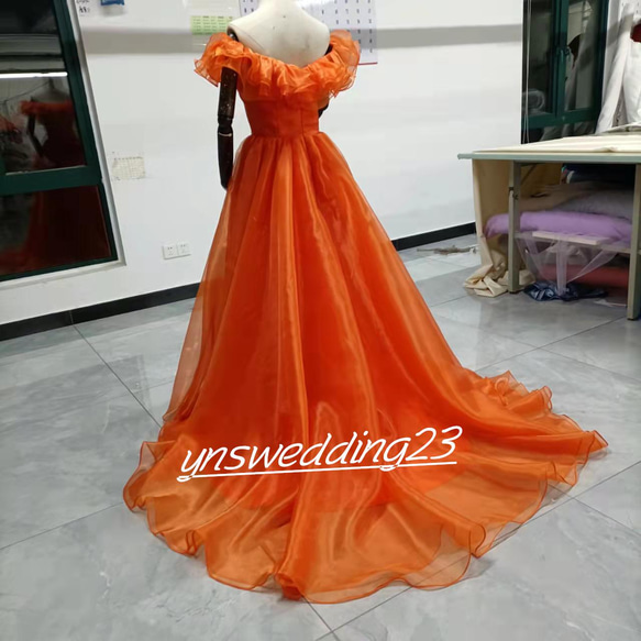 カラードレス オレンジ 結婚式ドレス オフショルダー 2次会 人気 3枚目の画像