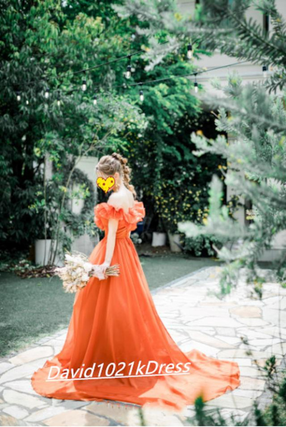 カラードレス オレンジ 結婚式ドレス オフショルダー 2次会 人気 9枚目の画像