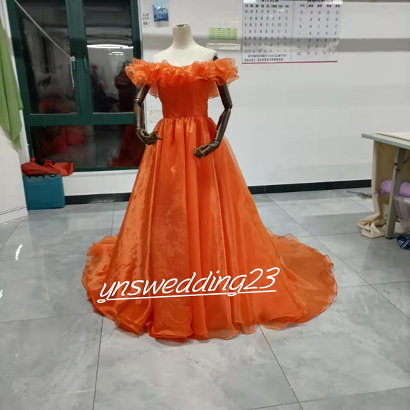 カラードレス オレンジ 結婚式ドレス オフショルダー 2次会 人気 カラードレス オレンジ 結婚式ドレス オフショルダー 2次会 人気