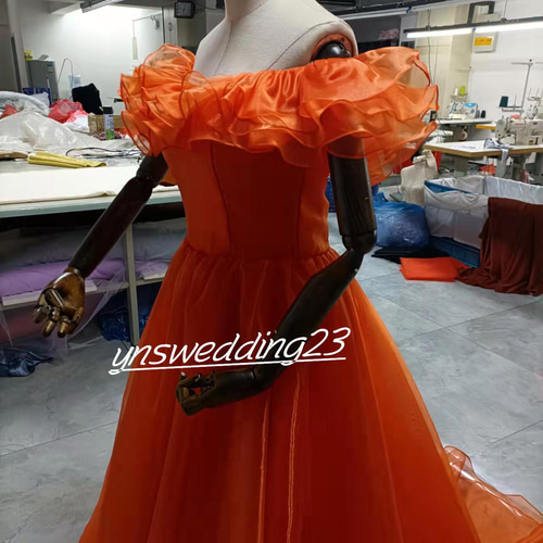 カラードレス オレンジ 結婚式ドレス オフショルダー 2次会 人気