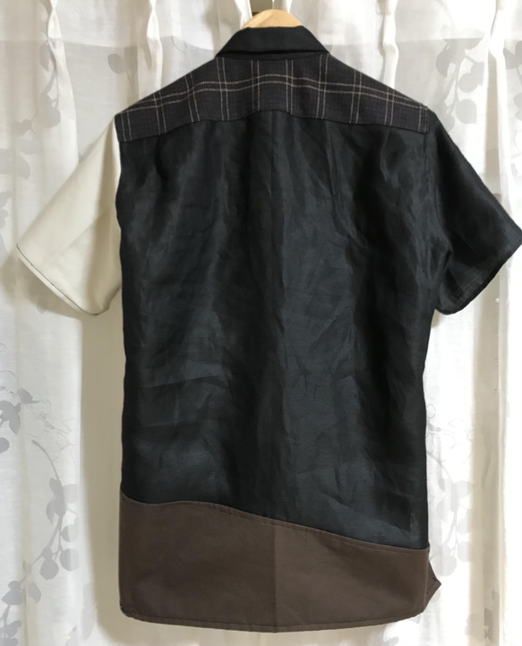 【メンズハンドメイドシャツ】黒（リネン）×ネル地×チェック柄ワークシャツ リサイクル original shirt 7 2枚目の画像