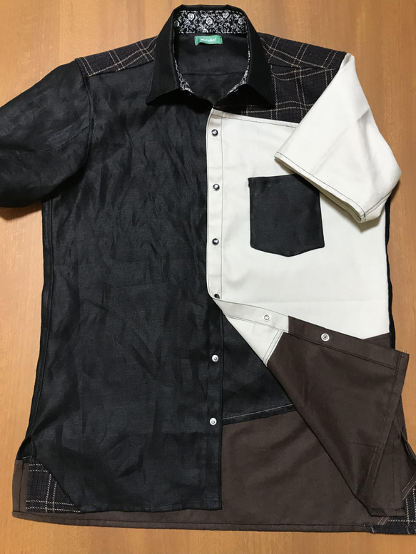 【メンズハンドメイドシャツ】黒（リネン）×ネル地×チェック柄ワークシャツ リサイクル original shirt 7 5枚目の画像