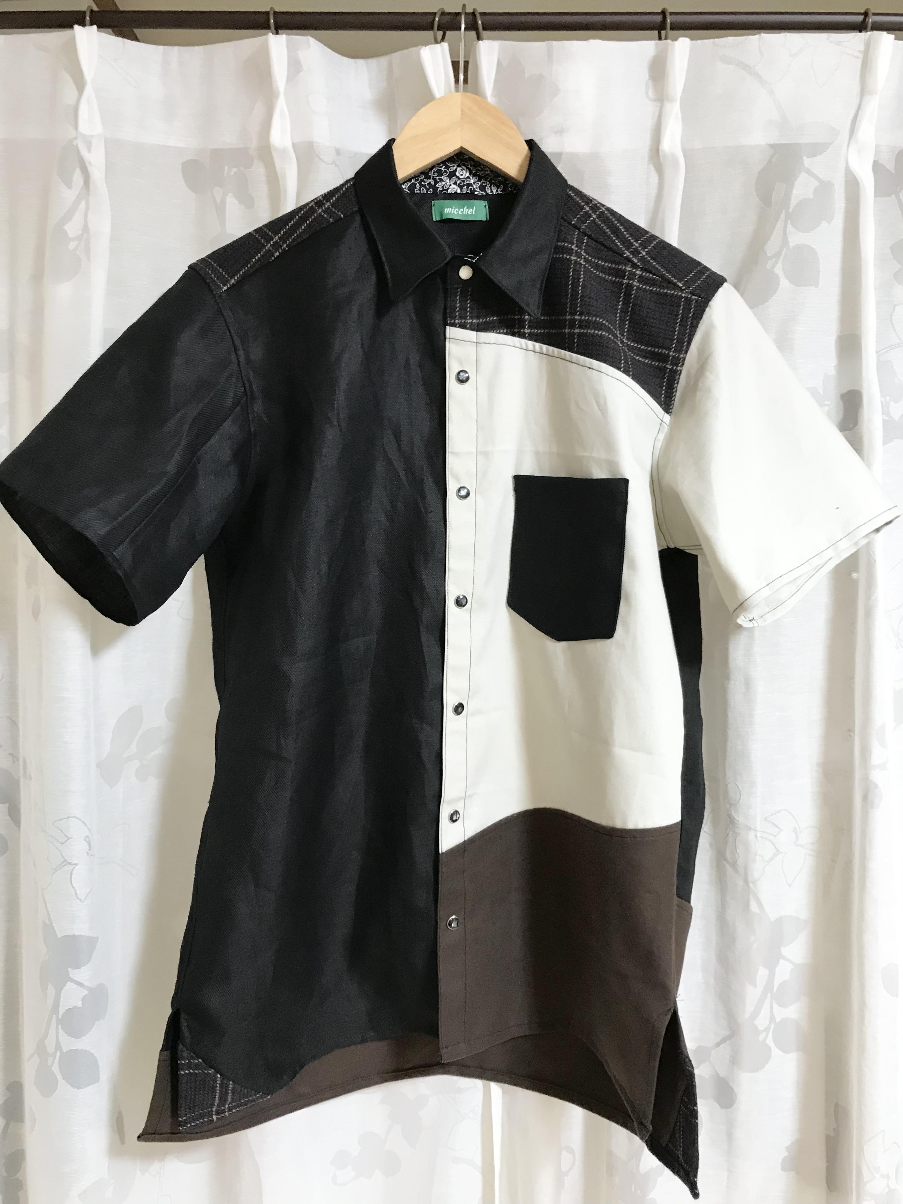 【メンズハンドメイドシャツ】黒（リネン）×ネル地×チェック柄ワークシャツ リサイクル original shirt 7