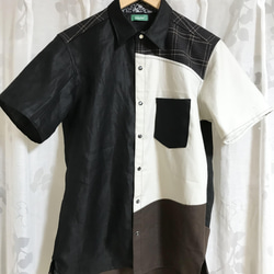 【メンズハンドメイドシャツ】黒（リネン）×ネル地×チェック柄ワークシャツ リサイクル original shirt 7 1枚目の画像