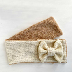 蓬鬆 ♪ 絲帶圍巾 | 華夫格針織（灰白色）x 毛皮（米色） 第4張的照片