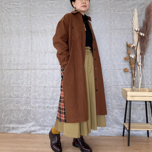 チョコレートブラウン 背中チェック柄 コットンネル シャツワンピース