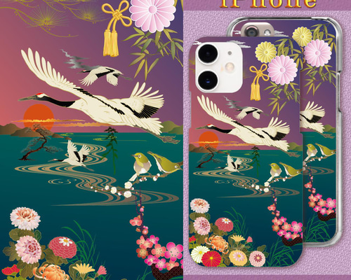 曙鶴～菊水に松竹梅／日本画 鶴 飛鶴 曙 和柄 和風 日本 菊水 流水