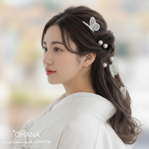 髪飾り 蝶々の髪飾りxパールセット ウェディングフォト 結婚式 成人式
