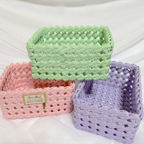 No.45 クラフトバンド ゴミ箱・小物入れ・かご・マスクケース 薄ピンク