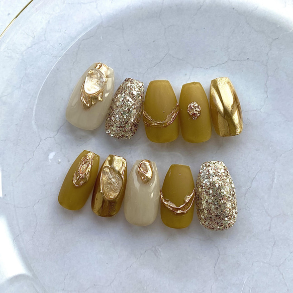 マスタード×ゴールドのうるうる天然石ネイル ネイルチップ（つけ爪