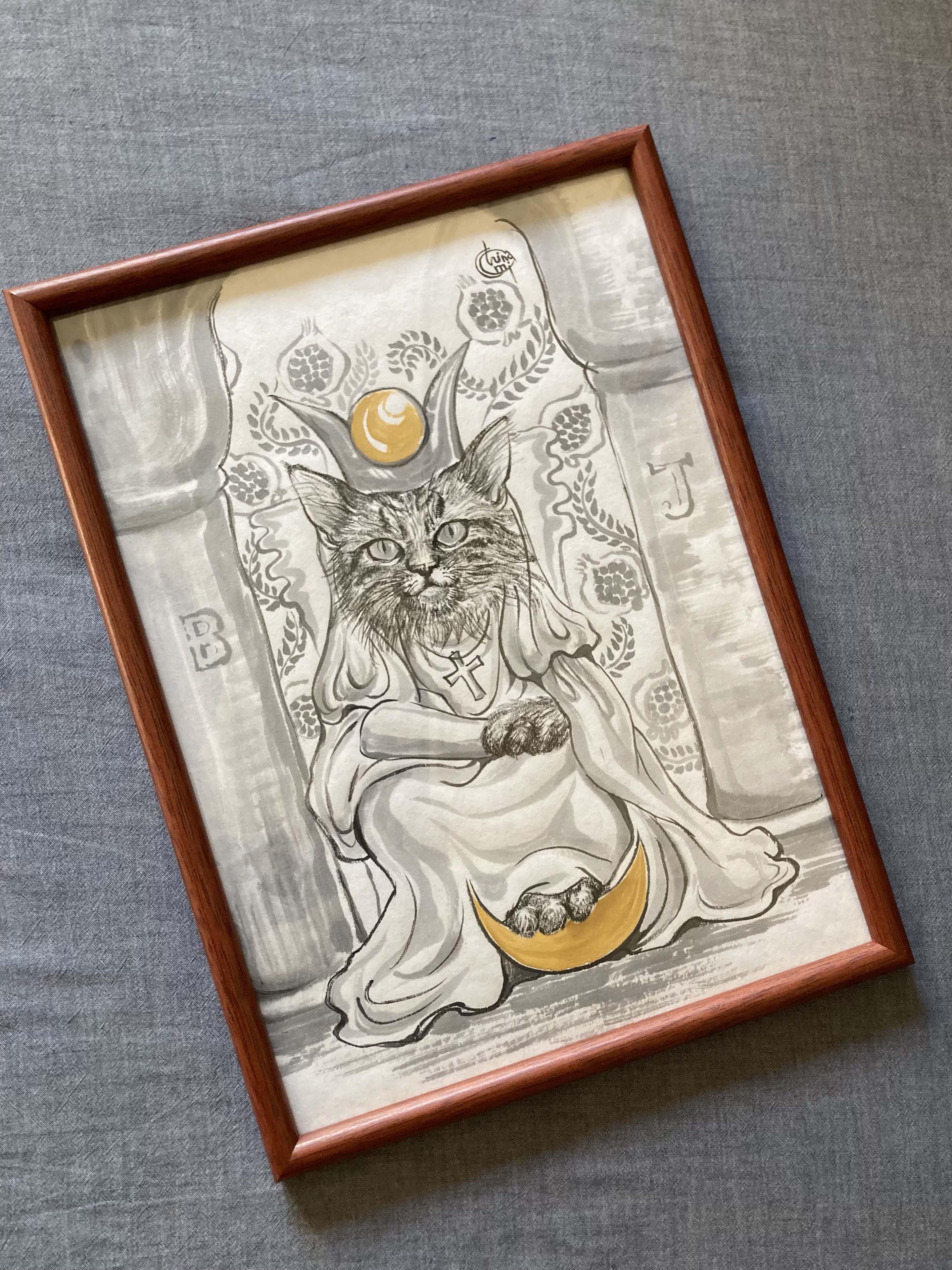 水墨画 猫のタロットカード 原画 / No.02 女教皇（The High Priestess） 16,060円