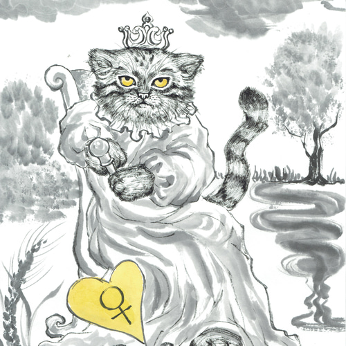 水墨画 猫のタロットカード 原画 / No.03 女帝（The Empress） 絵画 