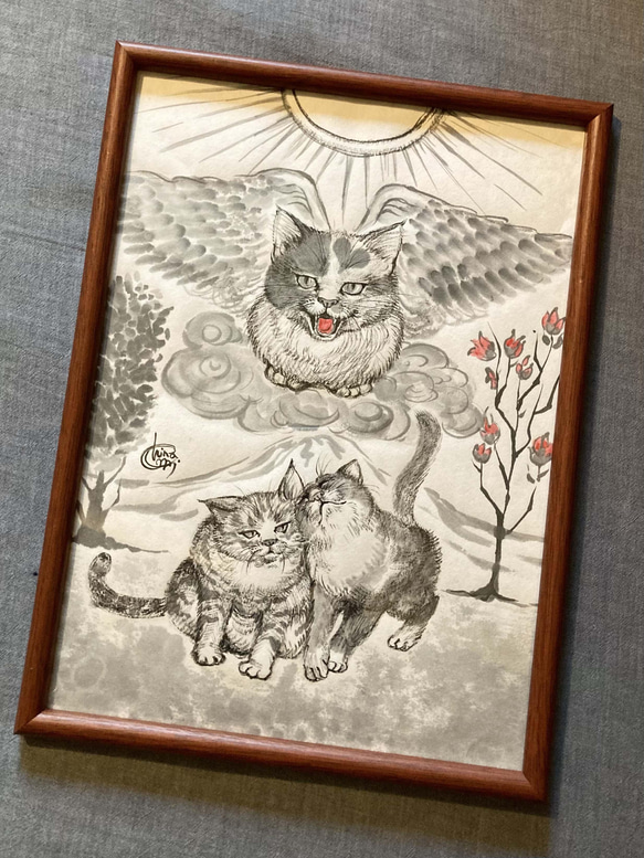 水墨画 猫のタロットカード 原画 / No.06 恋人たち（The Lovers