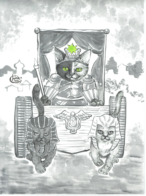 水墨画 猫のタロットカード 原画 / No.07 戦車（The Chariot） 原画 猫のタロットカード No 戦車 The Chariot