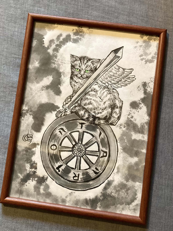 水墨画 猫のタロットカード 原画 / No.10 運命の輪（Wheel of