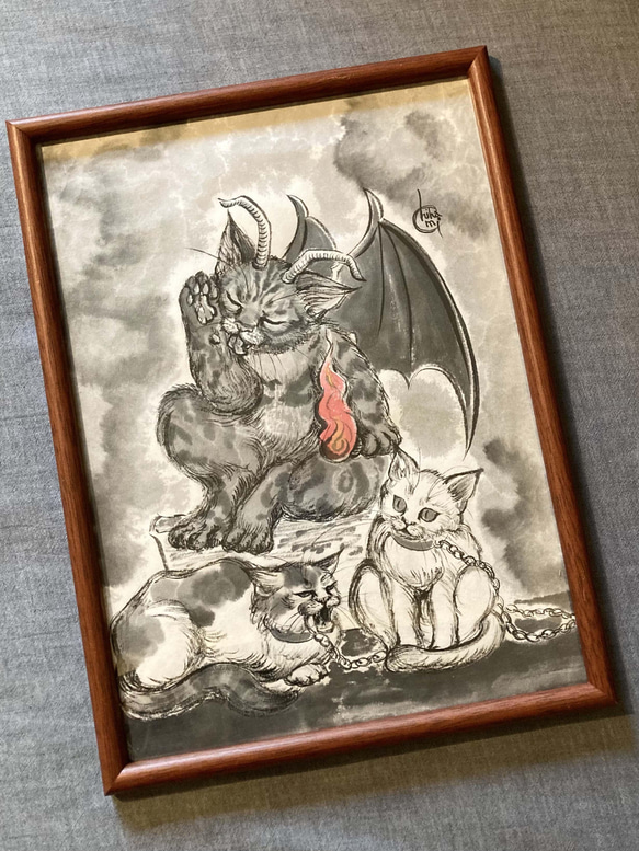 水墨画 猫のタロットカード 原画 / No.15 悪魔（The Devil） 絵画