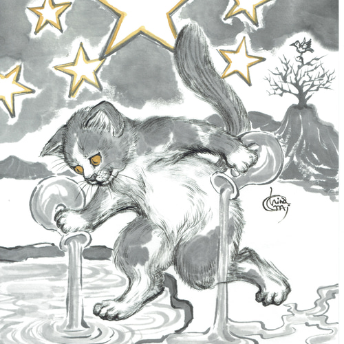 水墨画 猫のタロットカード 原画 / No.17 星（The Star） 絵画 chinami