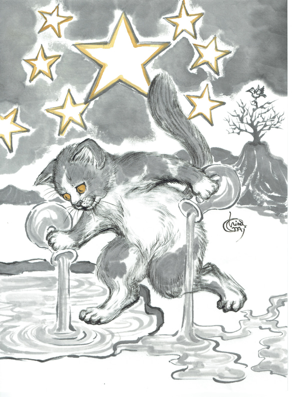 水墨画 猫のタロットカード 原画 / No.17 星（The Star） 2枚目の画像