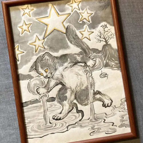 水墨画 猫のタロットカード 原画 / No.17 星（The Star） 絵画 chinami