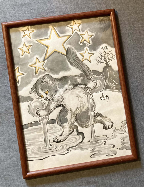 水墨画 猫のタロットカード 原画 / No.17 星（The Star） 絵画 chinami